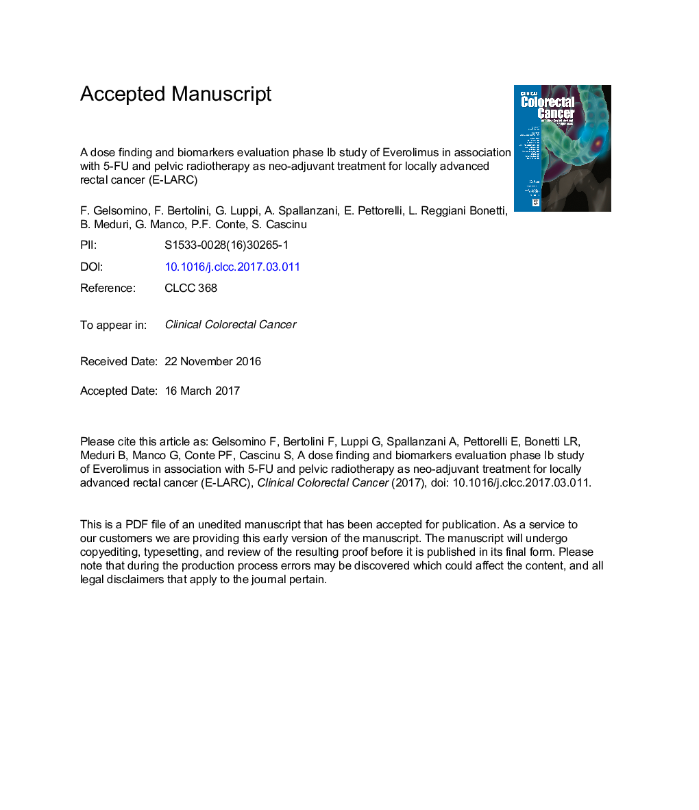 A Dose-finding and Biomarker Evaluation Phase Ib Study of Everolimus in Association With 5-Fluorouracil and Pelvic Radiotherapy as Neoadjuvant Treatment of Locally Advanced Rectal Cancer (E-LARC Study)