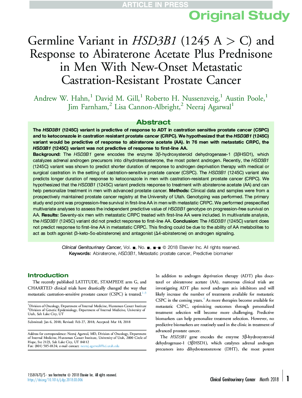 Germline Variant in HSD3B1 (1245 A > C) and Response to Abiraterone Acetate Plus Prednisone in Men With New-Onset Metastatic Castration-Resistant Prostate Cancer