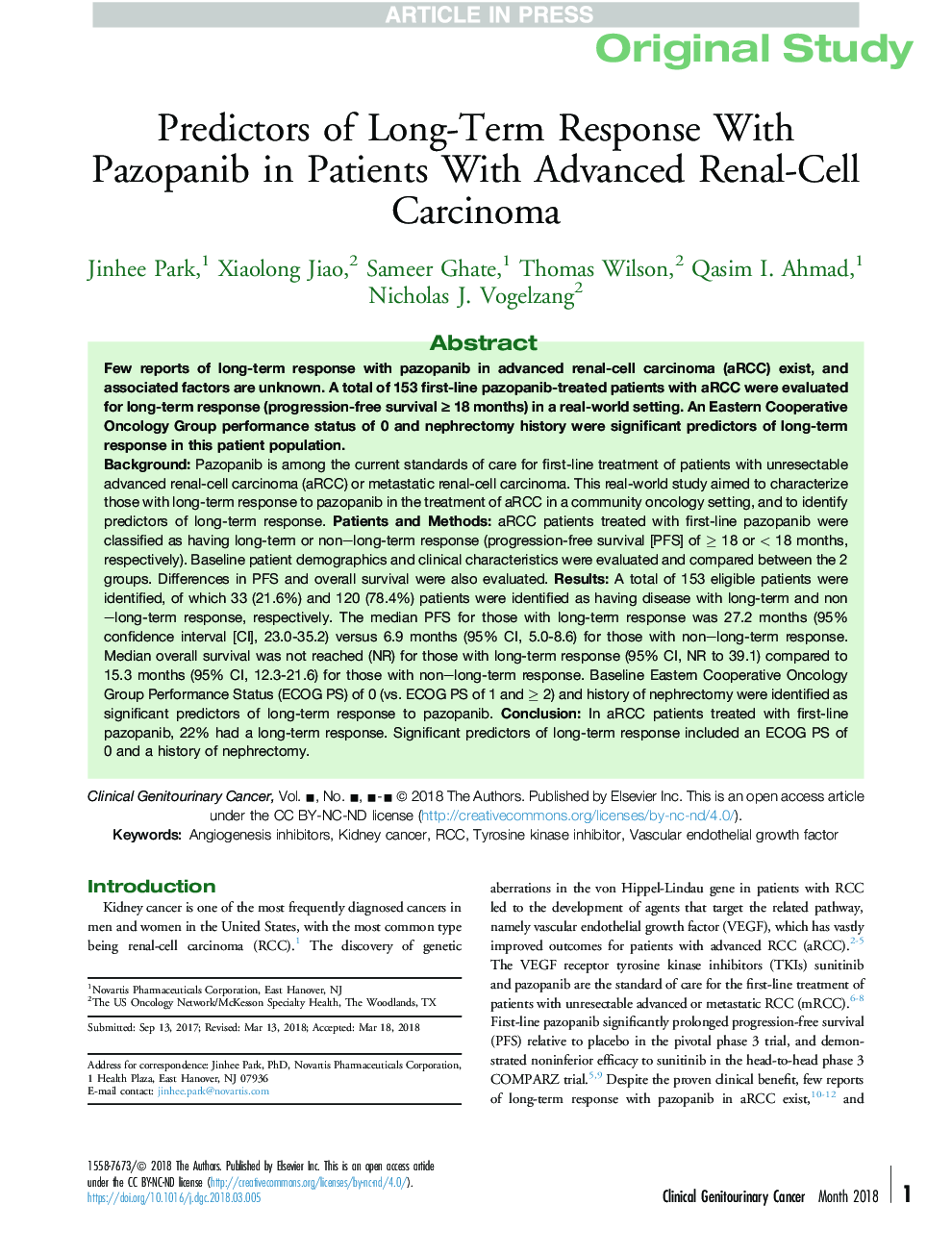 Predictors of Long-Term Response With Pazopanib in Patients With Advanced Renal-Cell Carcinoma