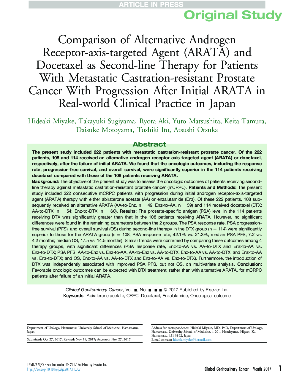 Comparison of Alternative Androgen Receptor-axis-targeted Agent (ARATA) and Docetaxel as Second-line Therapy for Patients With Metastatic Castration-resistant Prostate Cancer With Progression After Initial ARATA in Real-world Clinical Practice in Japan