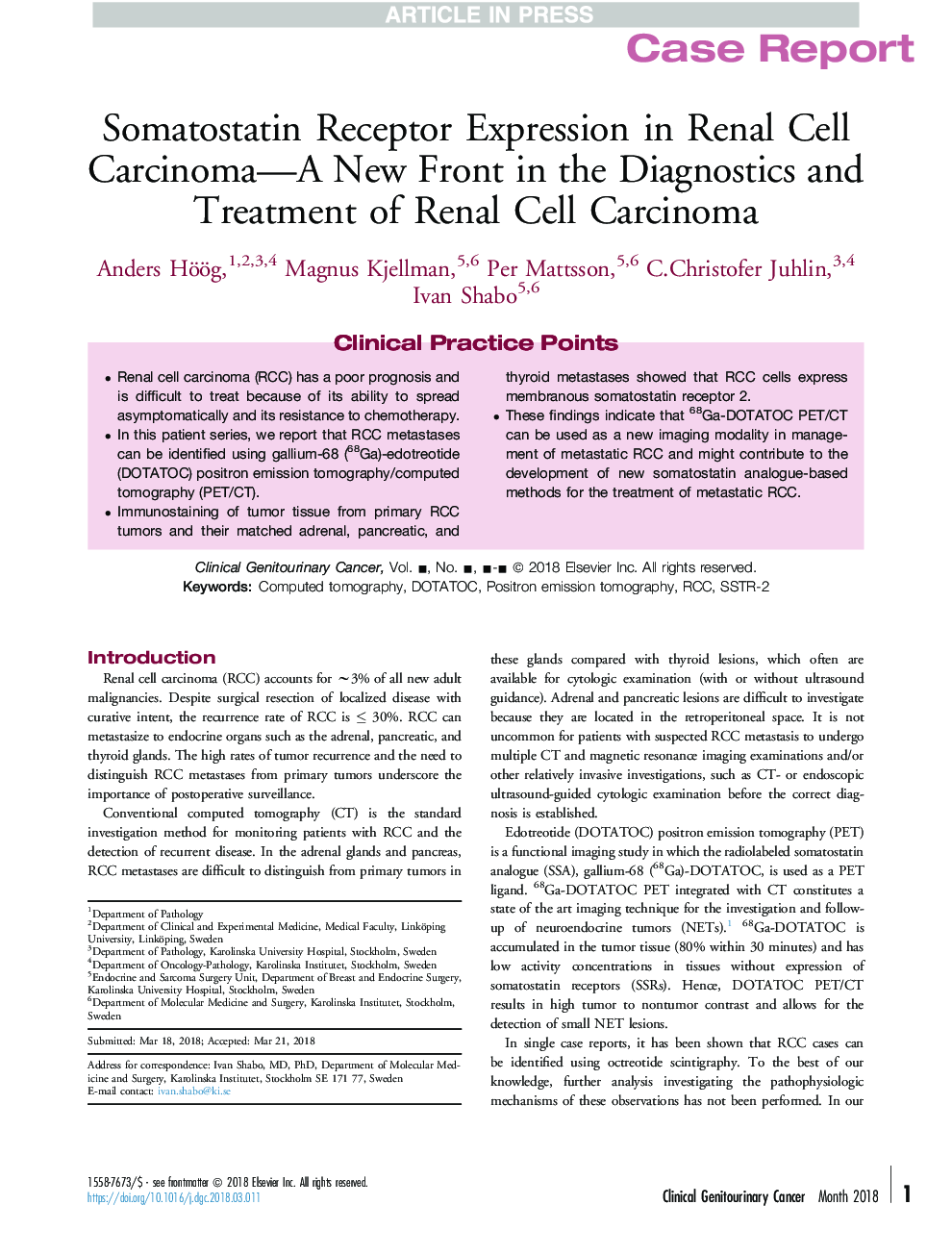 بیان بیانگر گیرنده سموماستاتین در کارسینوم سلولی کلیه - جبهه جدید در تشخیص و درمان کارسینوم سلولی کلیه 