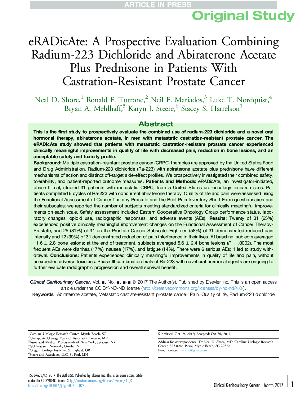 eRADicAte: A Prospective Evaluation Combining Radium-223 Dichloride and Abiraterone Acetate Plus Prednisone in Patients With Castration-Resistant Prostate Cancer