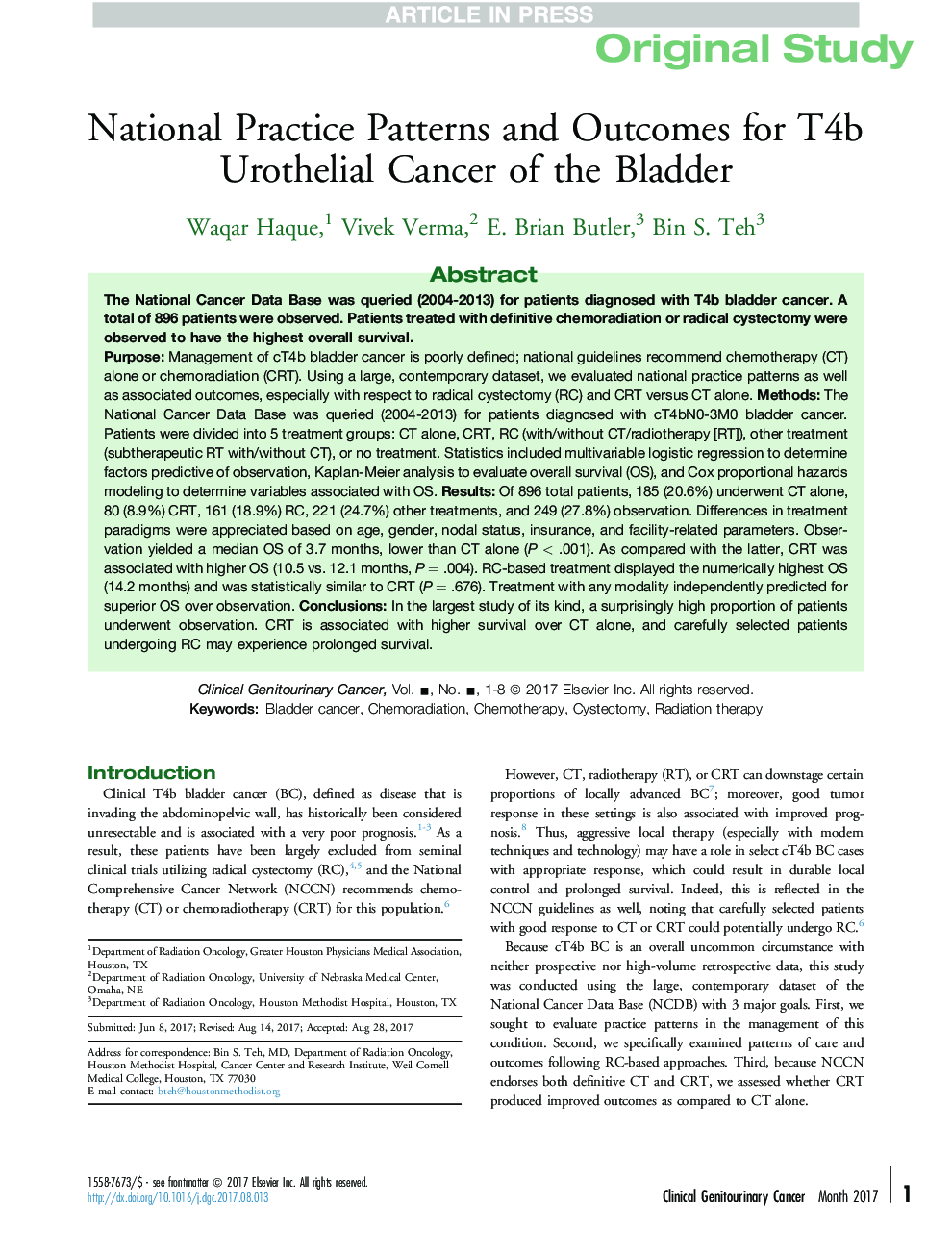 National Practice Patterns and Outcomes for T4b Urothelial Cancer of the Bladder