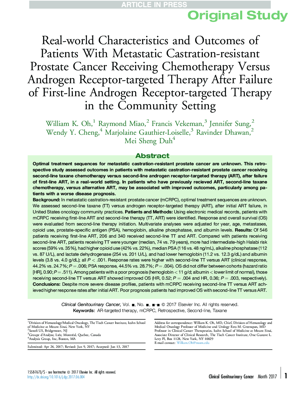 Real-world Characteristics and Outcomes of Patients With Metastatic Castration-resistant Prostate Cancer Receiving Chemotherapy Versus Androgen Receptor-targeted Therapy After Failure of First-line Androgen Receptor-targeted Therapy in the Community Setti