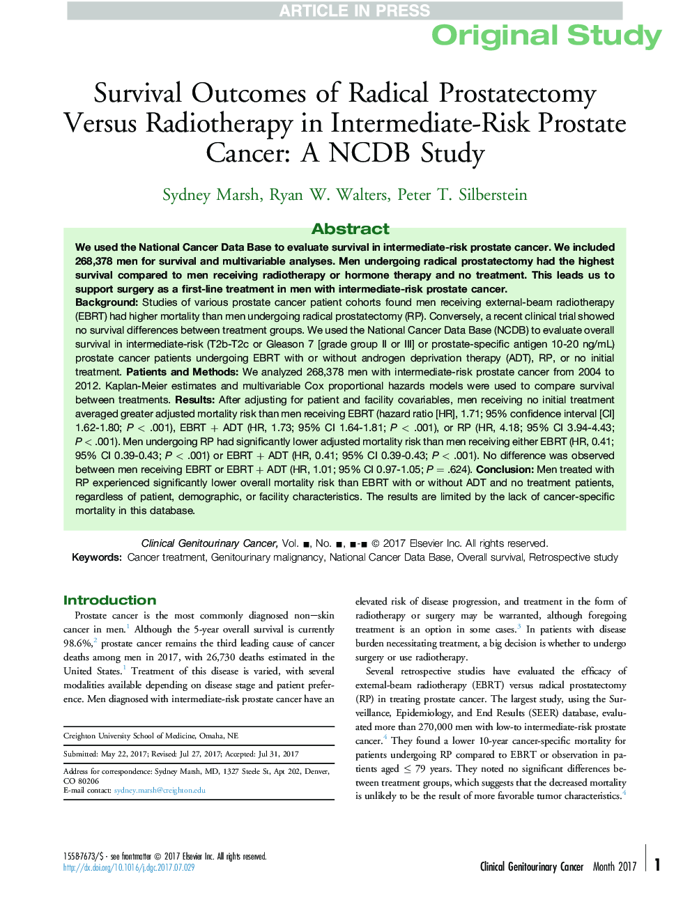 Survival Outcomes of Radical Prostatectomy Versus Radiotherapy in Intermediate-Risk Prostate Cancer: A NCDB Study