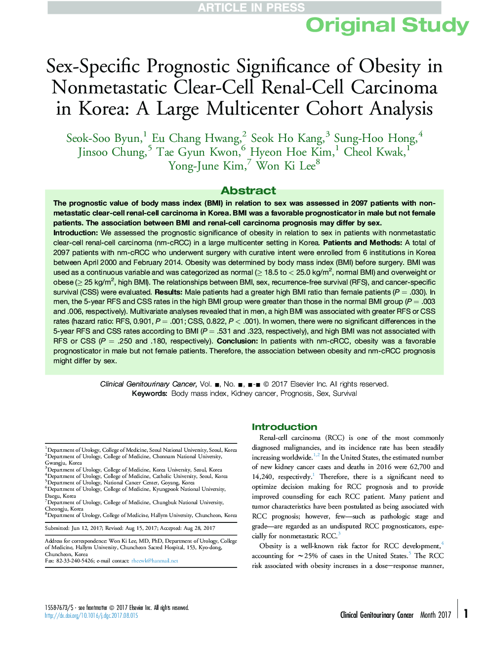 Sex-Specific Prognostic Significance of Obesity in Nonmetastatic Clear-Cell Renal-Cell Carcinoma in Korea: A Large Multicenter Cohort Analysis