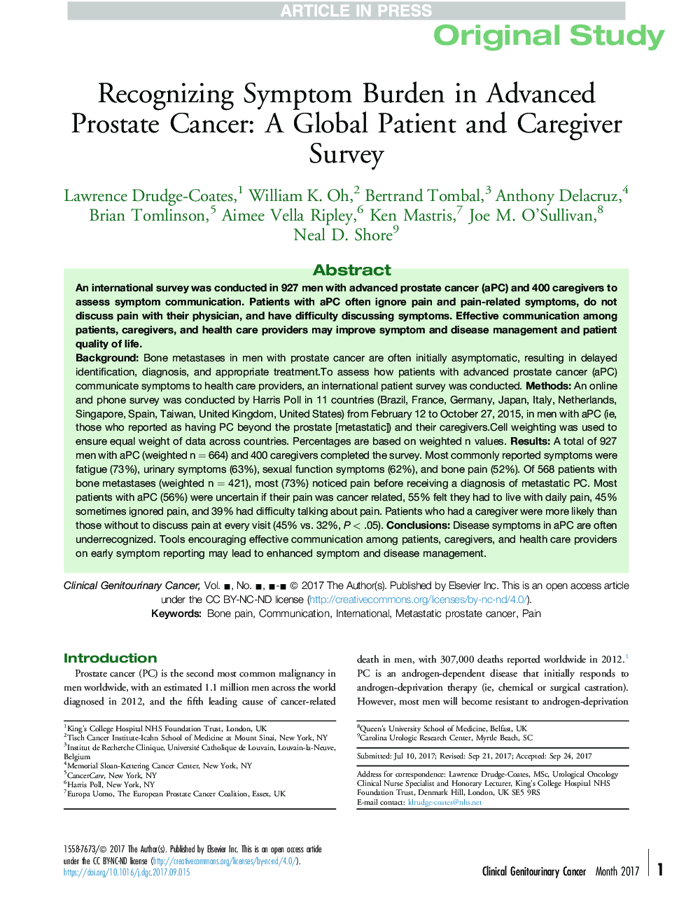 شناخت علائم بروز سرطان پروستات پیشرفته: یک بررسی جهانی بیمار و مراقب 