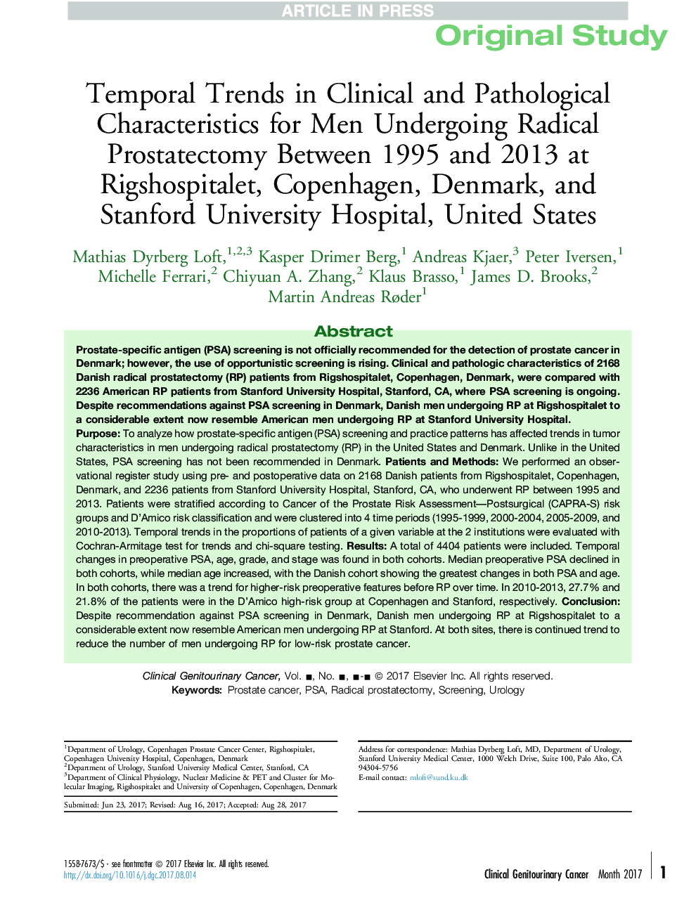 Temporal Trends in Clinical and Pathological Characteristics for Men Undergoing Radical Prostatectomy Between 1995 and 2013 at Rigshospitalet, Copenhagen, Denmark, and Stanford University Hospital, United States