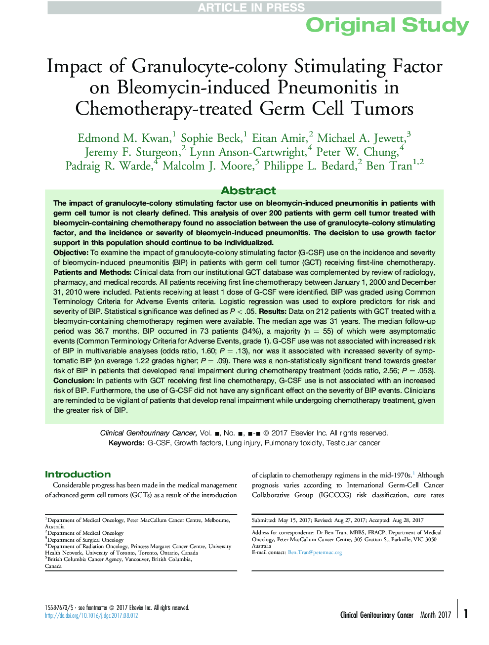 اثرات عوامل تحریک کننده گرانولوسیت-کلونی در بروز پنومونیت ناشی از بلومویسین در تومورهای سلول های زایای تحت شیمیدرمانی 