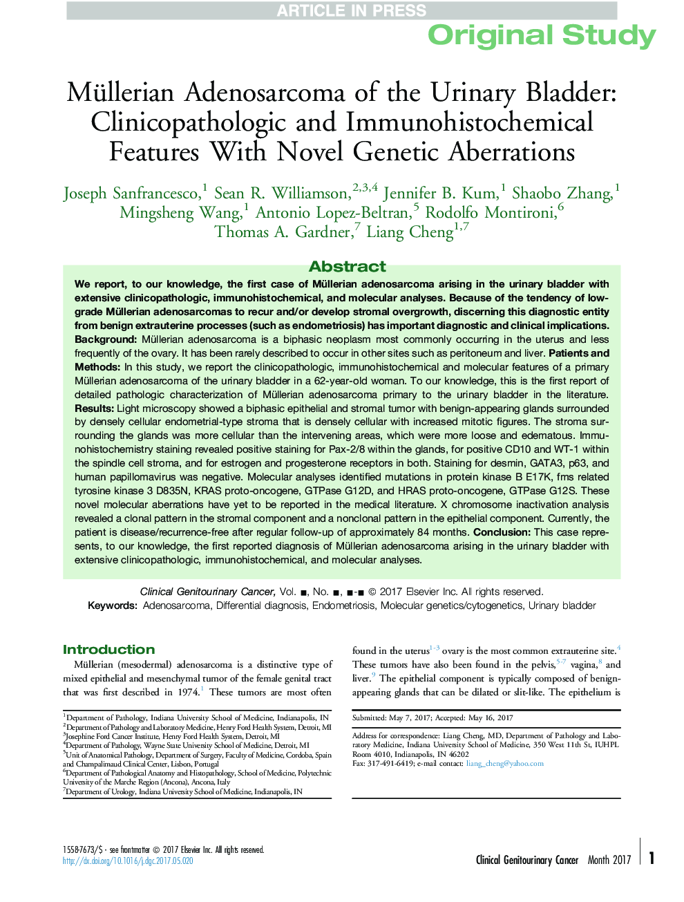 Müllerian Adenosarcoma of the Urinary Bladder: Clinicopathologic and Immunohistochemical Features With Novel Genetic Aberrations