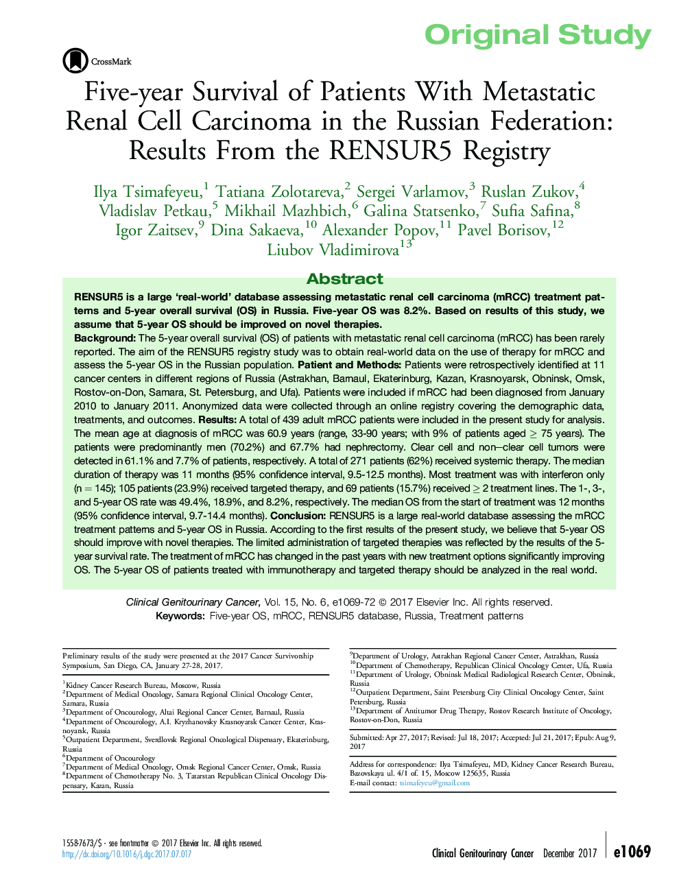 Five-year Survival of Patients With Metastatic Renal Cell Carcinoma in the Russian Federation: Results From the RENSUR5 Registry