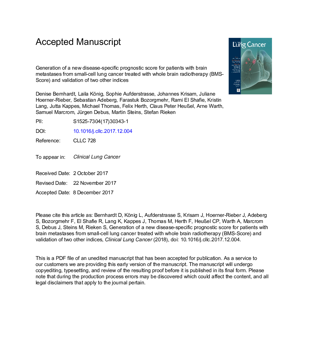 Generation of a New Disease-specific Prognostic Score for Patients With Brain Metastases From Small-cell Lung Cancer Treated With Whole Brain Radiotherapy (BMS-Score) and Validation of Two Other Indices