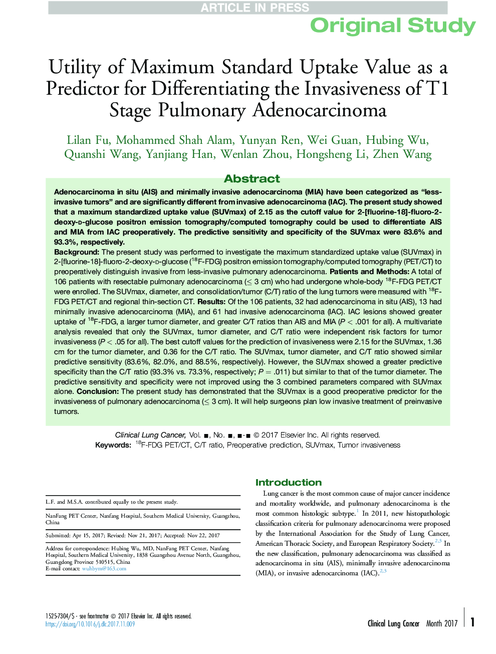 Utility of Maximum Standard Uptake Value as a Predictor for Differentiating the Invasiveness of T1 Stage Pulmonary Adenocarcinoma