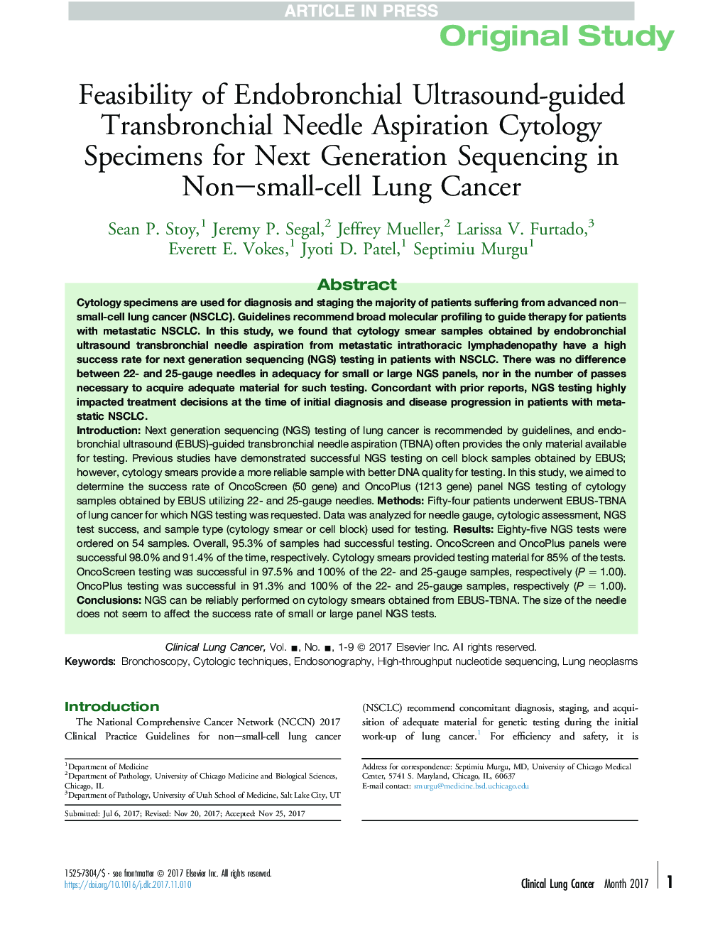 Feasibility of Endobronchial Ultrasound-guided Transbronchial Needle Aspiration Cytology Specimens for Next Generation Sequencing in Non-small-cell Lung Cancer