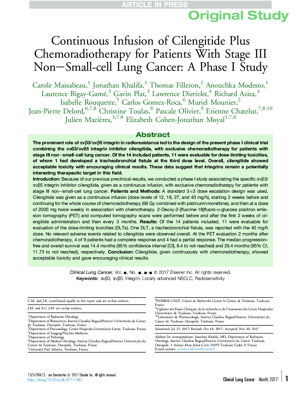 Continuous Infusion of Cilengitide Plus Chemoradiotherapy for Patients With Stage III Non-Small-cell Lung Cancer: A Phase I Study