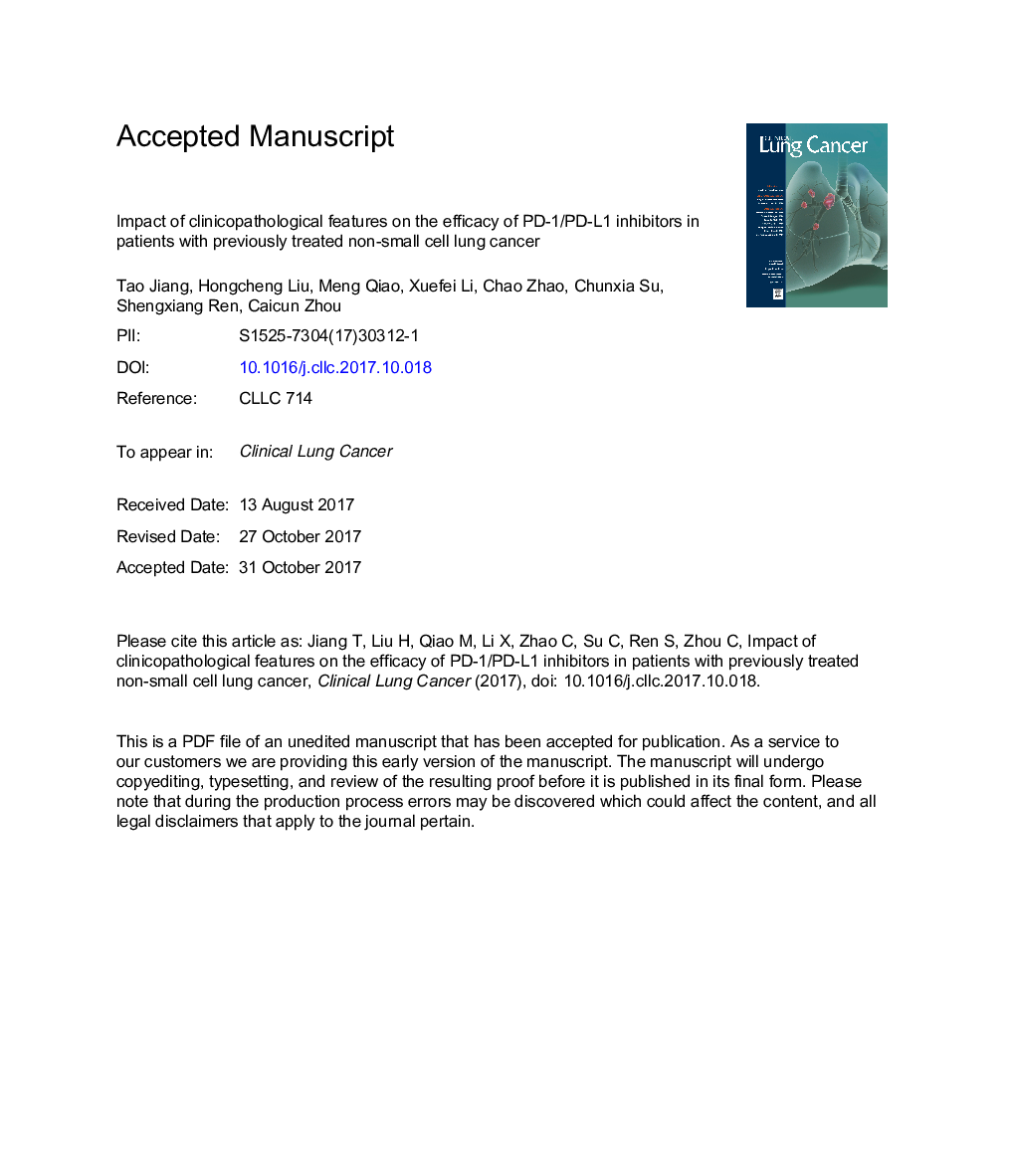 Impact of Clinicopathologic Features on the Efficacy of PD-1/PD-L1 Inhibitors in Patients With Previously Treated Non-small-cell Lung Cancer