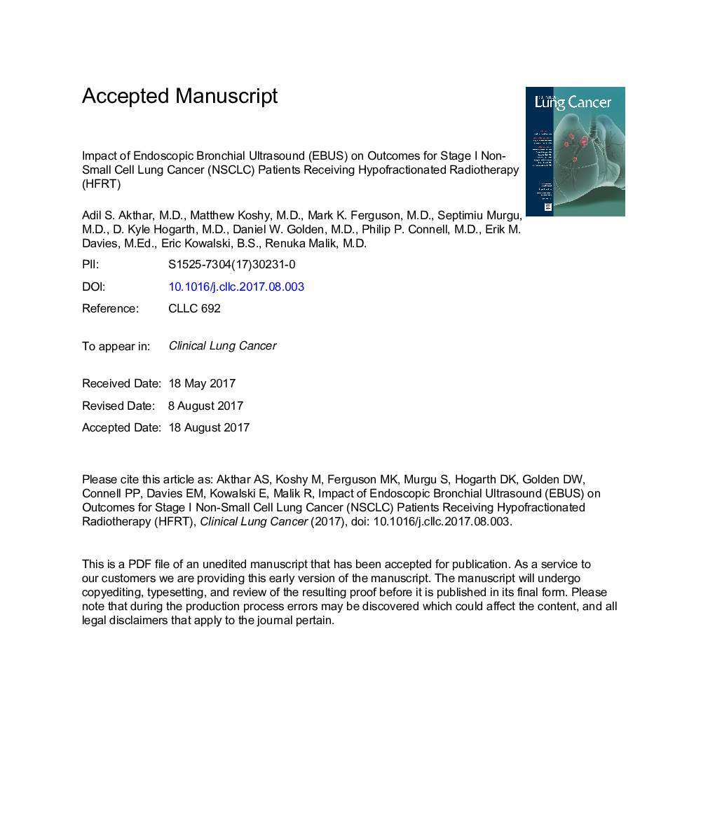 Effect of Endoscopic Bronchial Ultrasound on Outcomes for Stage I Non-Small-Cell Lung Cancer Patients Receiving Hypofractionated Radiotherapy