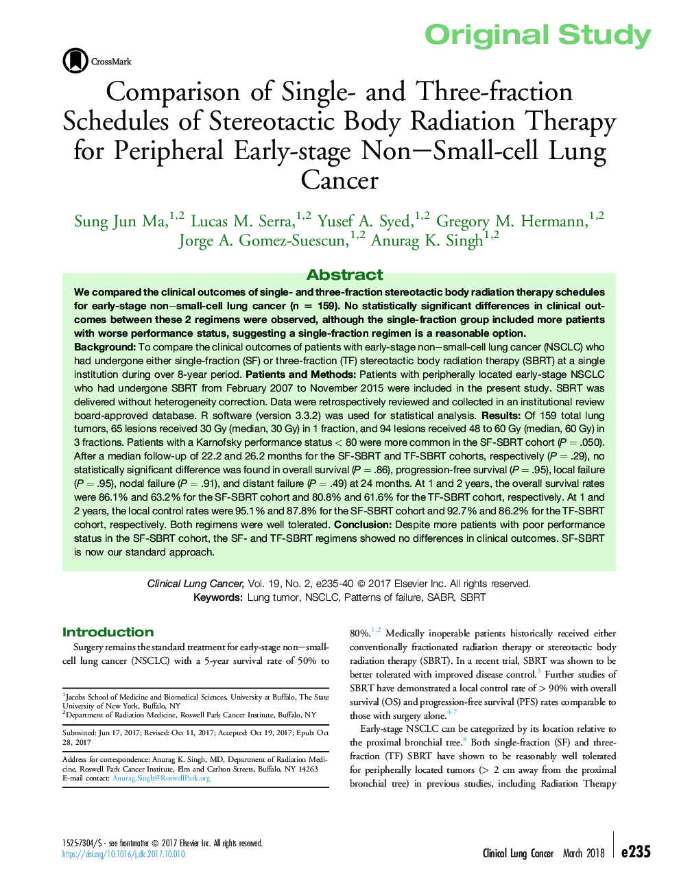 Comparison of Single- and Three-fraction Schedules of Stereotactic Body Radiation Therapy for Peripheral Early-stage Non-Small-cell Lung Cancer