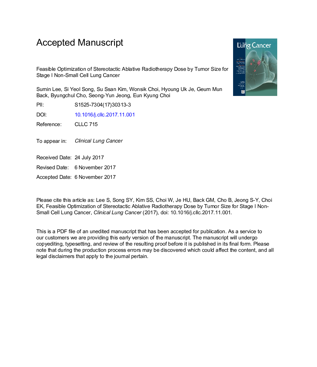 Feasible Optimization of Stereotactic Ablative Radiotherapy Dose by Tumor Size for Stage I Non-small-cell Lung Cancer