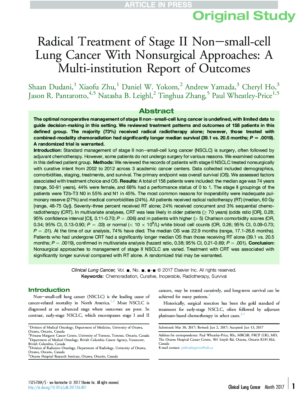 Radical Treatment of Stage II Non-small-cell Lung Cancer With Nonsurgical Approaches: A Multi-institution Report of Outcomes