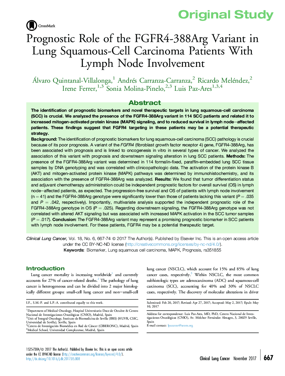 Prognostic Role of the FGFR4-388Arg Variant in Lung Squamous-Cell Carcinoma Patients With Lymph Node Involvement