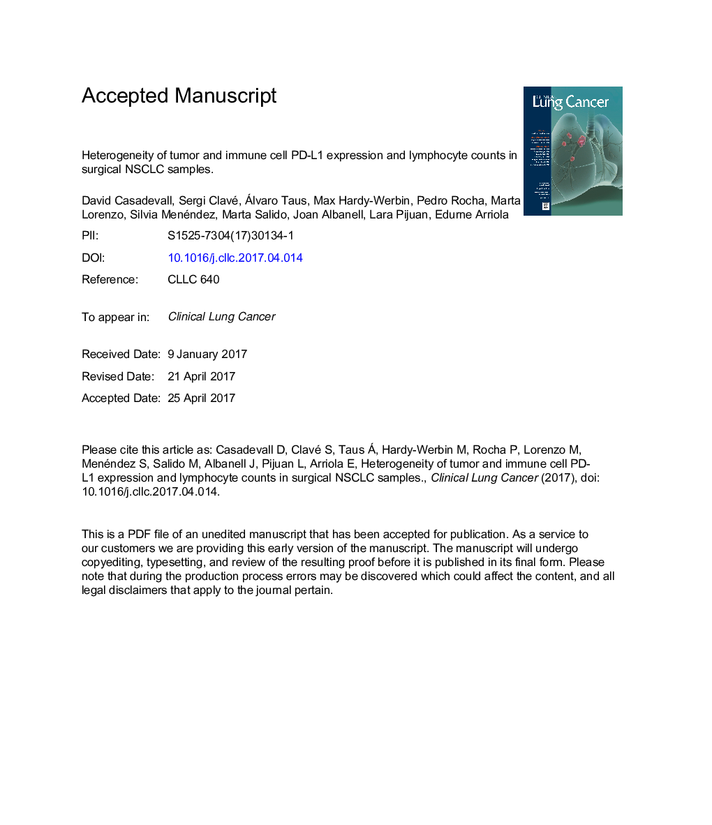 Heterogeneity of Tumor and Immune Cell PD-L1 Expression and Lymphocyte Counts in Surgical NSCLC Samples