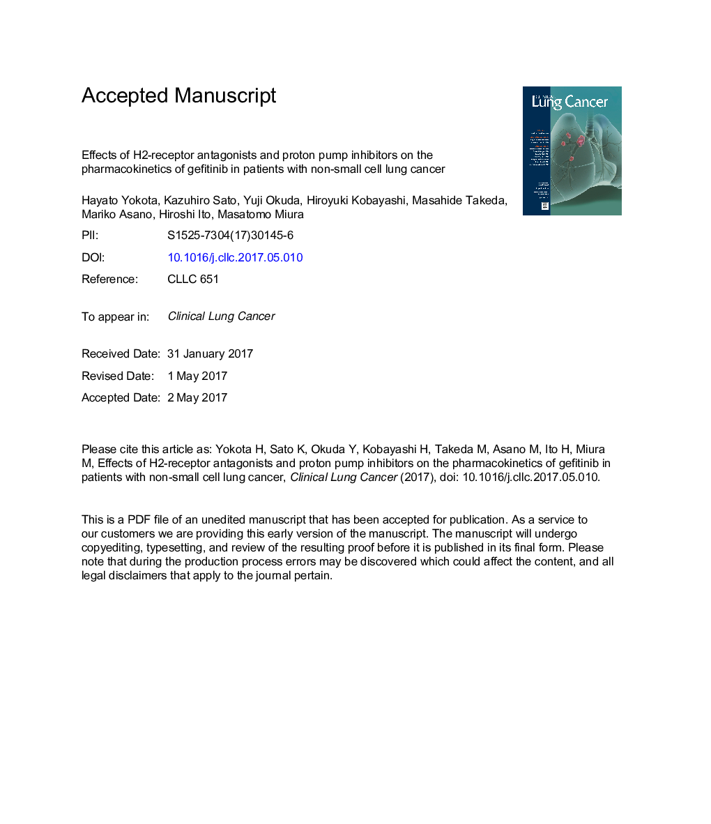 Effects of Histamine 2-receptor Antagonists and Proton Pump Inhibitors on the Pharmacokinetics of Gefitinib in Patients With Non-small-cell Lung Cancer