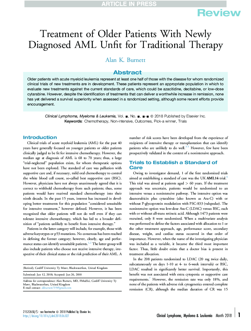 Treatment of Older Patients With Newly Diagnosed AML Unfit for Traditional Therapy