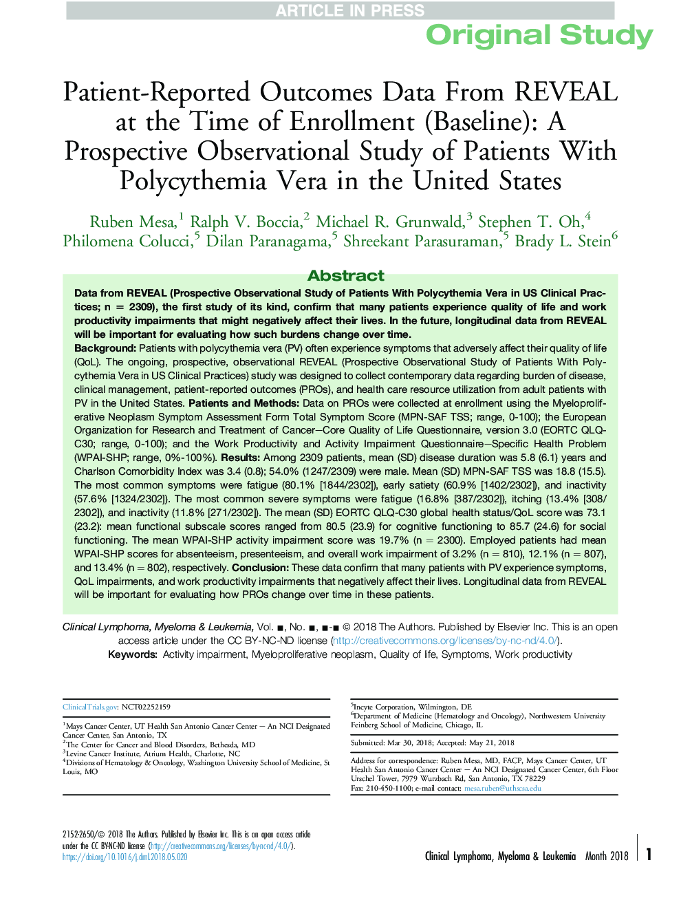 Patient-Reported Outcomes Data From REVEAL at the Time of Enrollment (Baseline): A Prospective Observational Study of Patients With Polycythemia Vera in the United States