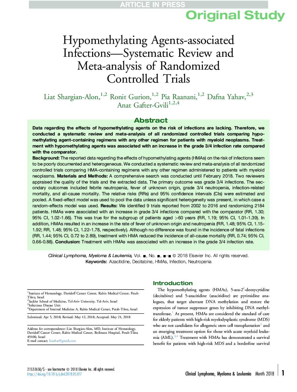 Hypomethylating Agents-associated Infections-Systematic Review and Meta-analysis of Randomized Controlled Trials