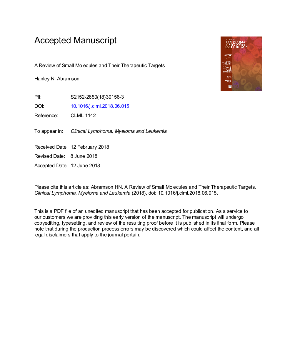 The Multiple Myeloma Drug Pipeline-2018: AÂ Review of Small Molecules and Their Therapeutic Targets