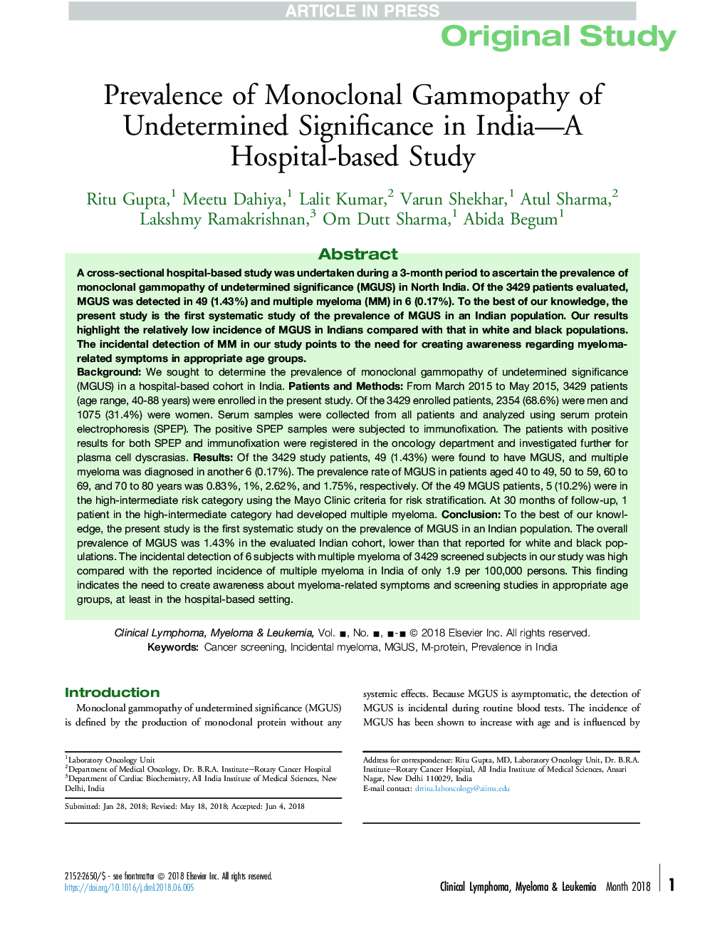 Prevalence of Monoclonal Gammopathy of Undetermined Significance in India-A Hospital-based Study