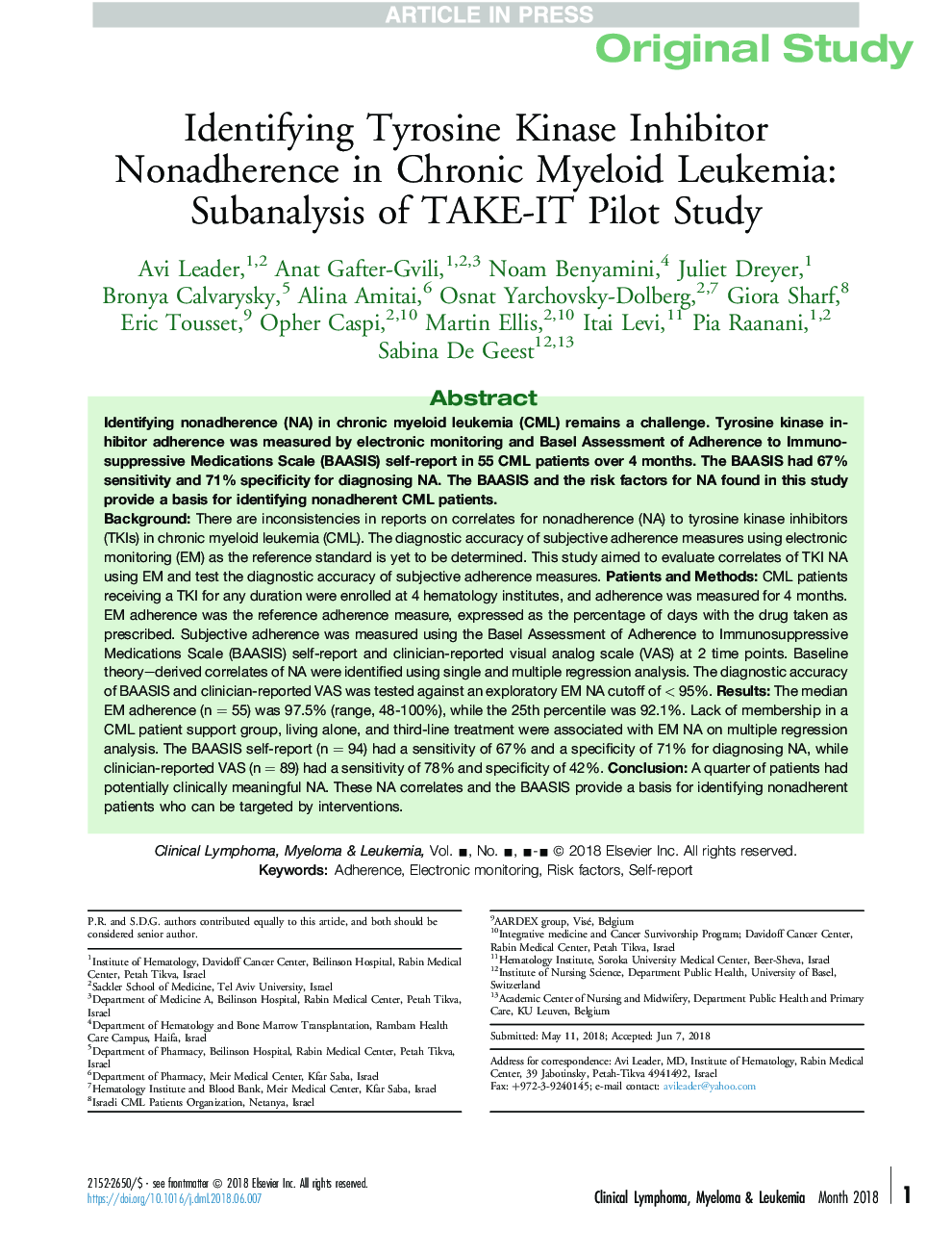 Identifying Tyrosine Kinase Inhibitor Nonadherence in Chronic Myeloid Leukemia: Subanalysis of TAKE-IT Pilot Study