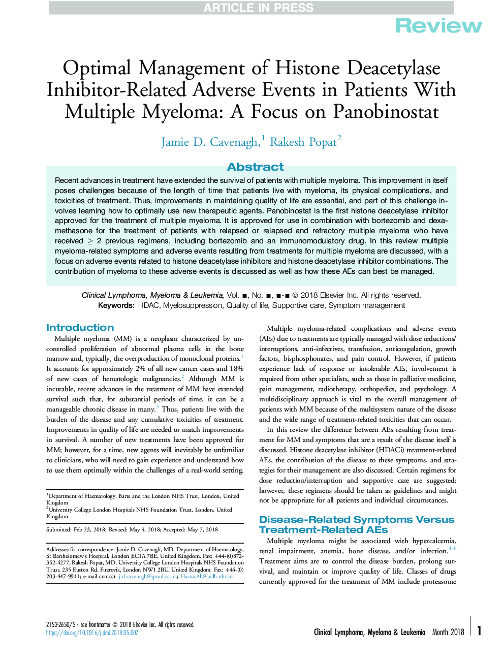 Optimal Management of Histone Deacetylase Inhibitor-Related Adverse Events in Patients With Multiple Myeloma: A Focus on Panobinostat