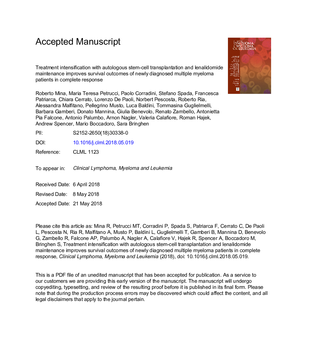 Treatment Intensification With Autologous Stem Cell Transplantation and Lenalidomide Maintenance Improves Survival Outcomes of Patients With Newly Diagnosed Multiple Myeloma in Complete Response