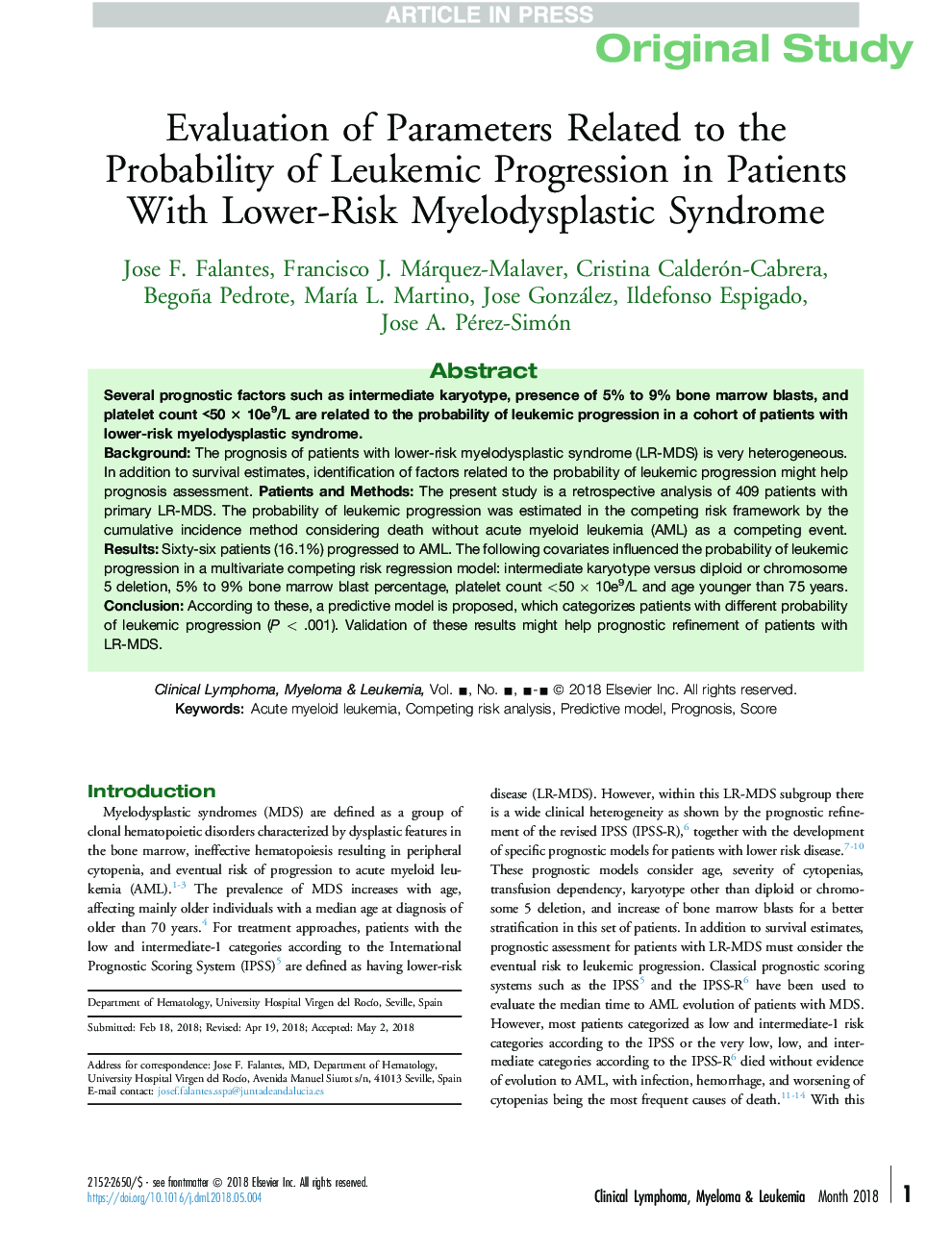Evaluation of Parameters Related to the Probability of Leukemic Progression in Patients With Lower-Risk Myelodysplastic Syndrome