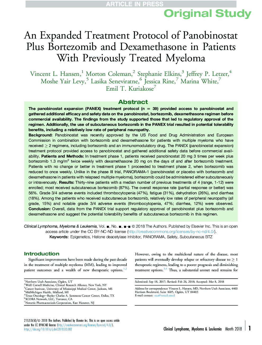 An Expanded Treatment Protocol of Panobinostat Plus Bortezomib and Dexamethasone in Patients With Previously Treated Myeloma