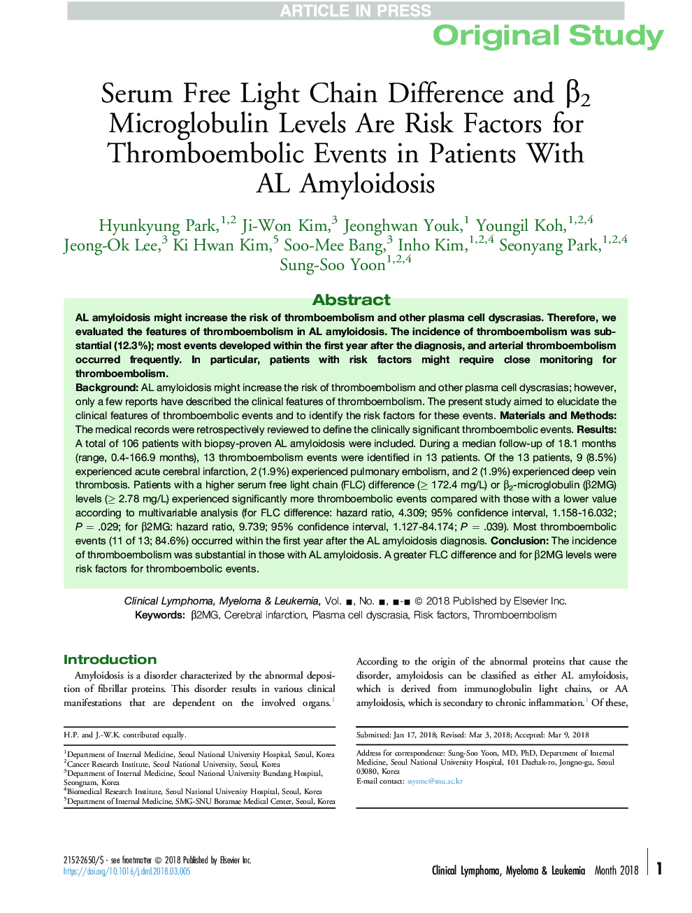 Serum Free Light Chain Difference and Î²2 Microglobulin Levels Are Risk Factors for Thromboembolic Events in Patients With ALÂ Amyloidosis