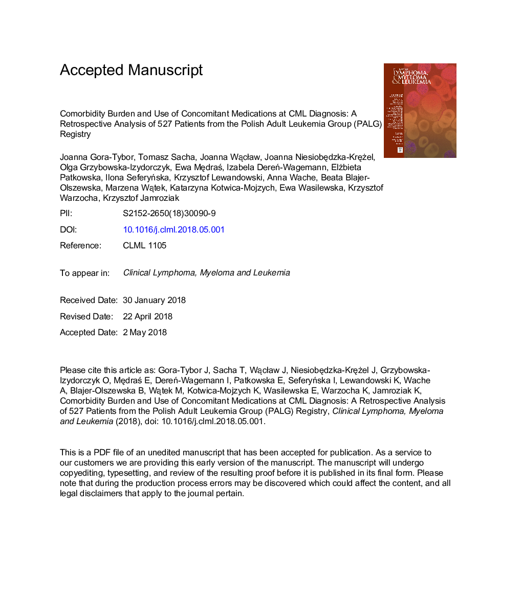 Comorbidity Burden and Use of Concomitant Medications at CML Diagnosis: A Retrospective Analysis of 527 Patients From the Polish Adult Leukemia Group Registry