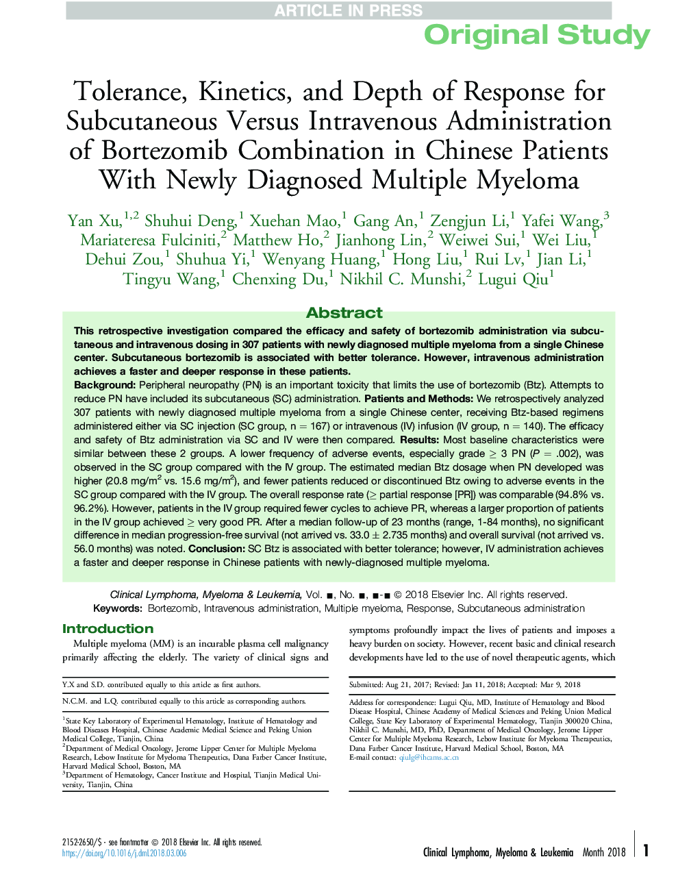 Tolerance, Kinetics, and Depth of Response for Subcutaneous Versus Intravenous Administration of Bortezomib Combination in Chinese Patients With Newly Diagnosed Multiple Myeloma