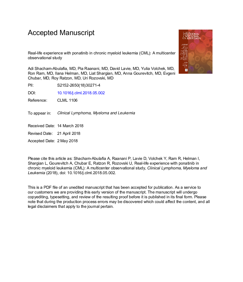 Real-life Experience With Ponatinib in Chronic Myeloid Leukemia: A Multicenter ObservationalÂ Study