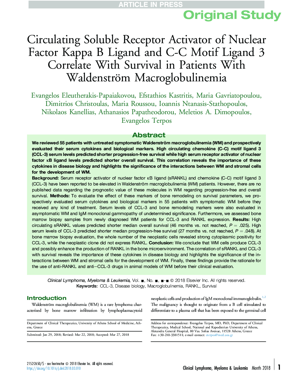 Circulating Soluble Receptor Activator of Nuclear Factor Kappa B Ligand and C-C Motif Ligand 3 Correlate With Survival in Patients With Waldenström Macroglobulinemia
