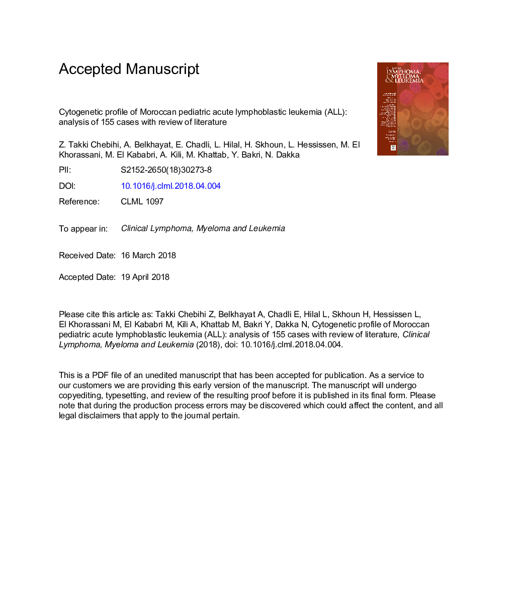 Cytogenetic Profile of Moroccan Pediatric Acute Lymphoblastic Leukemia: Analysis of 155 Cases With a Review of the Literature