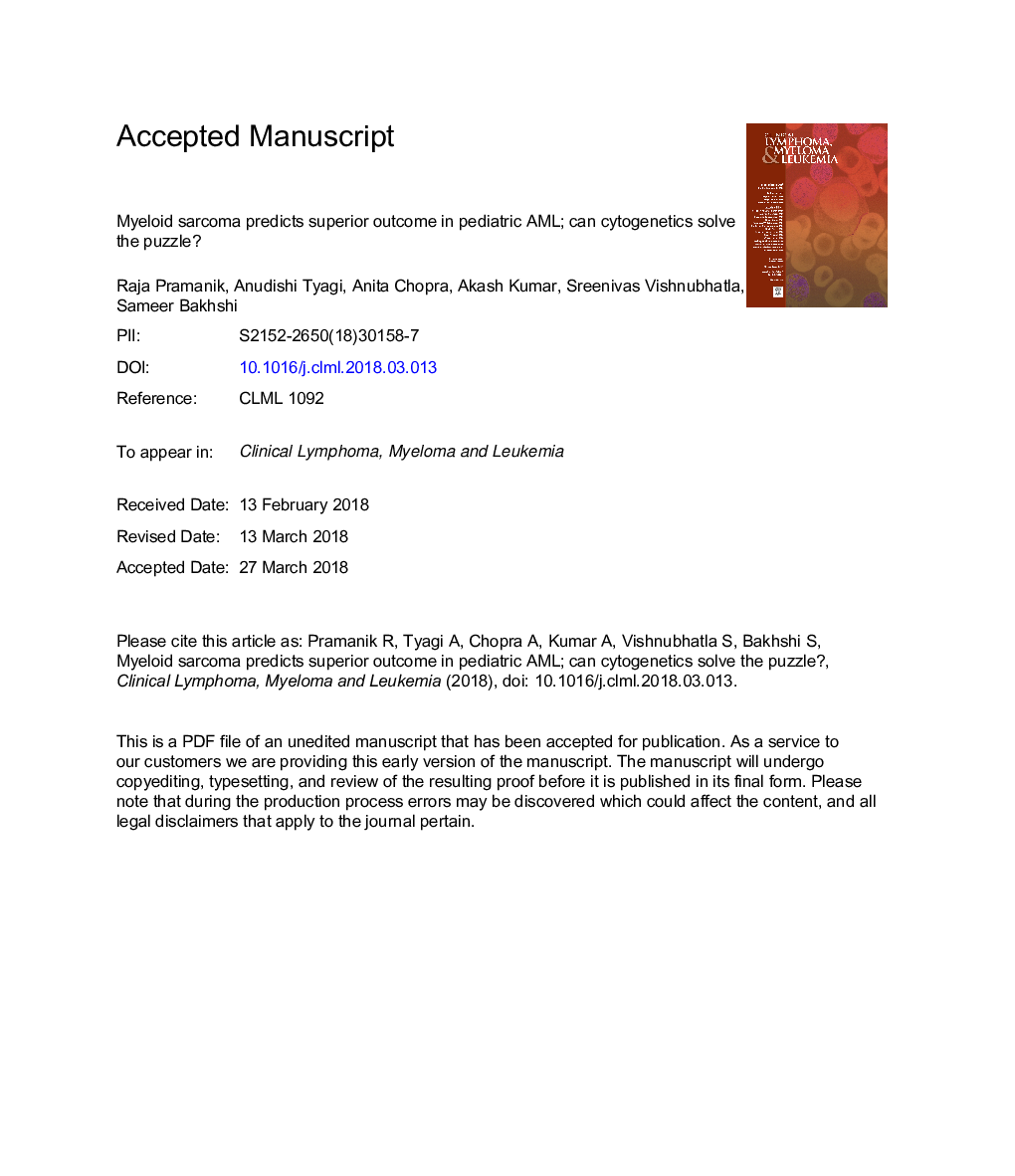 Myeloid Sarcoma Predicts Superior Outcome in Pediatric AML; Can Cytogenetics Solve the Puzzle?