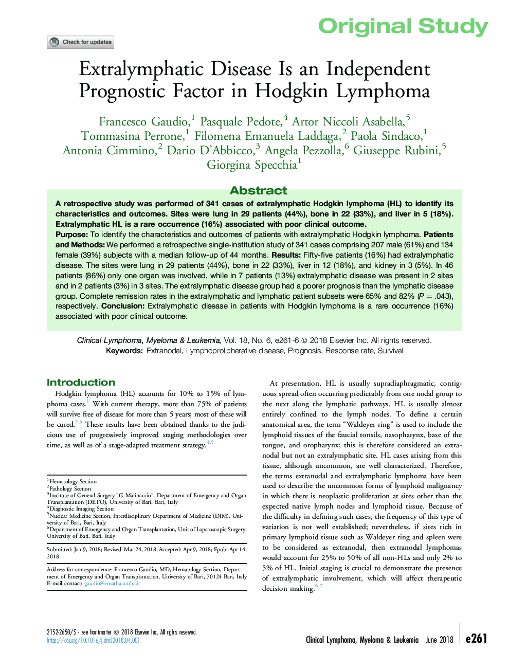 Extralymphatic Disease Is an Independent Prognostic Factor in Hodgkin Lymphoma