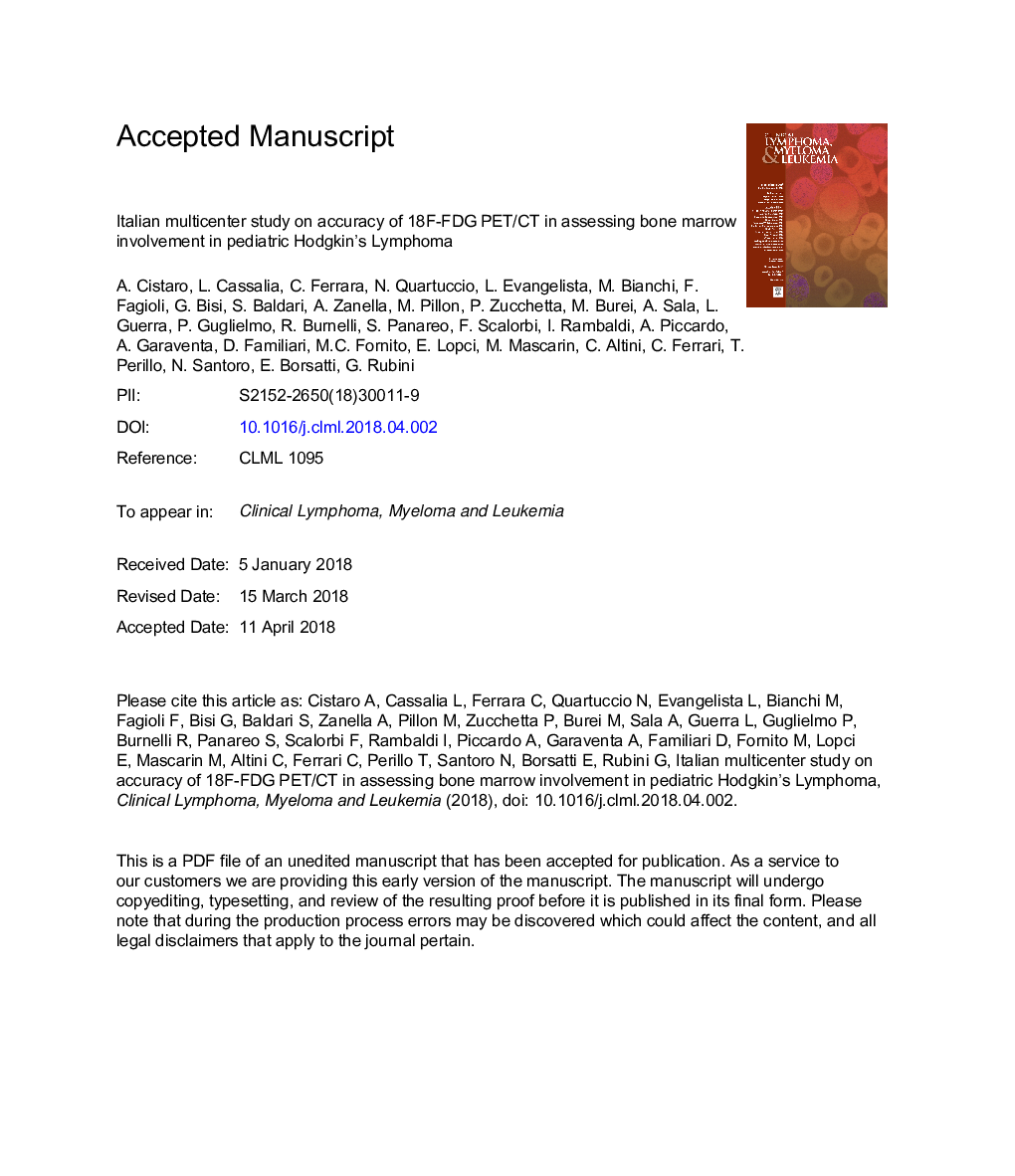 Italian Multicenter Study on Accuracy of 18F-FDG PET/CT in Assessing Bone Marrow Involvement in Pediatric Hodgkin Lymphoma