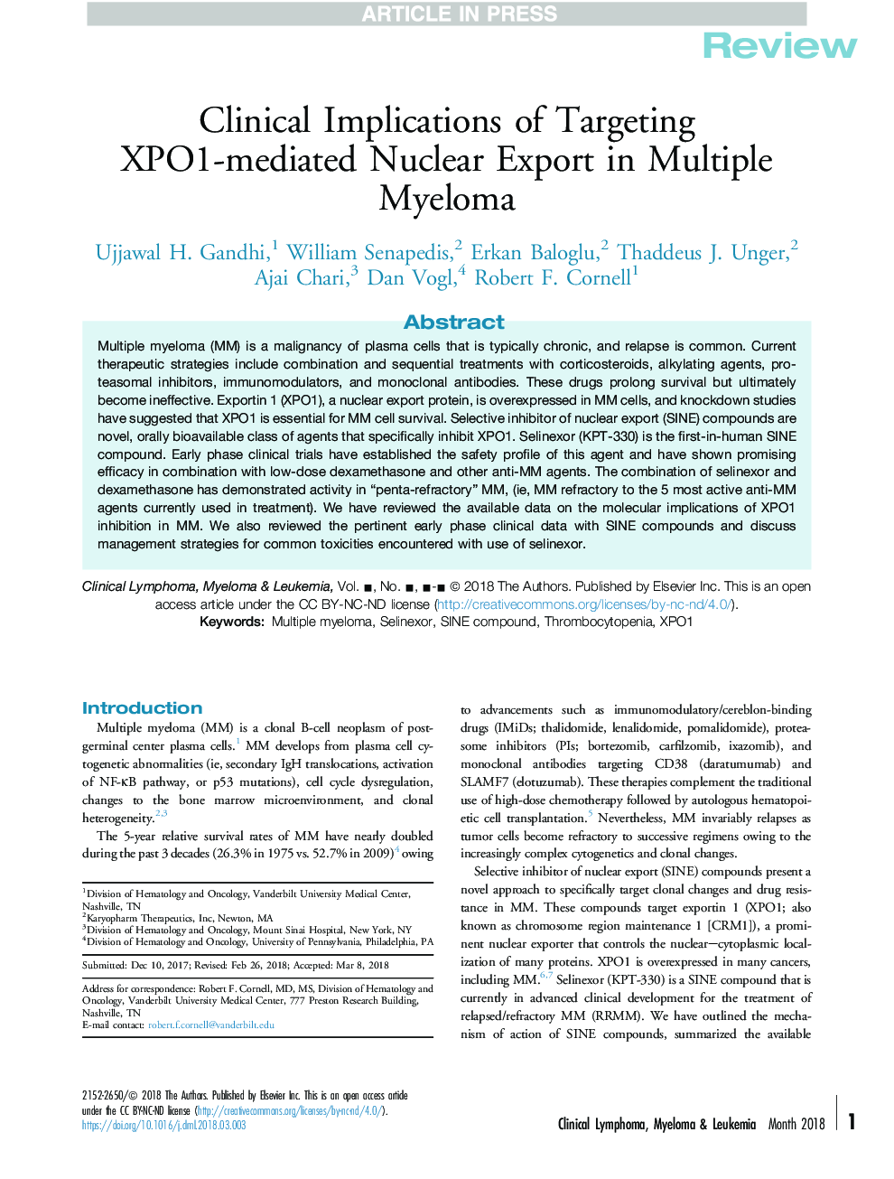 Clinical Implications of Targeting XPO1-mediated Nuclear Export in Multiple Myeloma