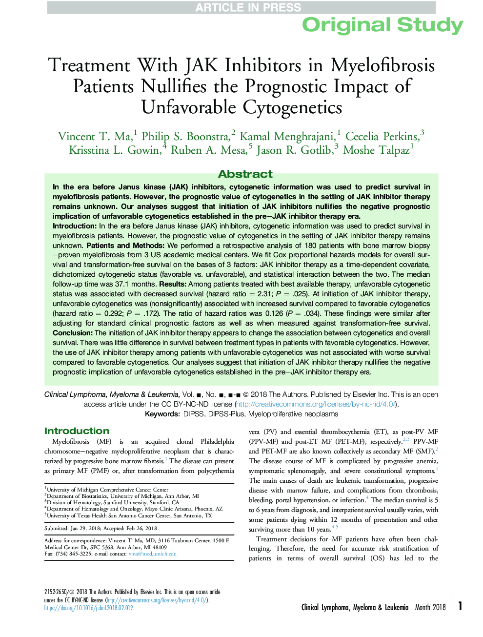 Treatment With JAK Inhibitors in Myelofibrosis Patients Nullifies the Prognostic Impact of Unfavorable Cytogenetics