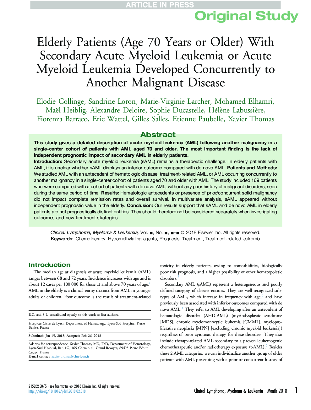 Elderly Patients (Age 70 Years or Older) With Secondary Acute Myeloid Leukemia or Acute Myeloid Leukemia Developed Concurrently to Another Malignant Disease