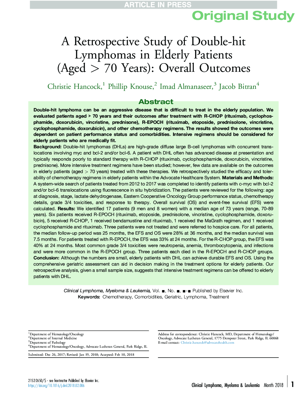 A Retrospective Study of Double-hit LymphomasÂ in Elderly Patients (AgedÂ >Â 70Â Years): Overall Outcomes